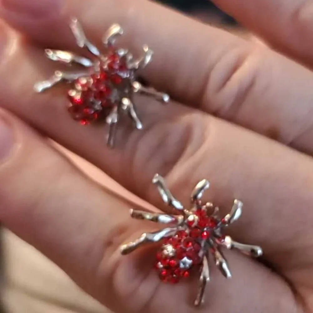 NWT Silver Plated Spider Cufflinks - Bright Red Rhinestones Halloween Gift Goth